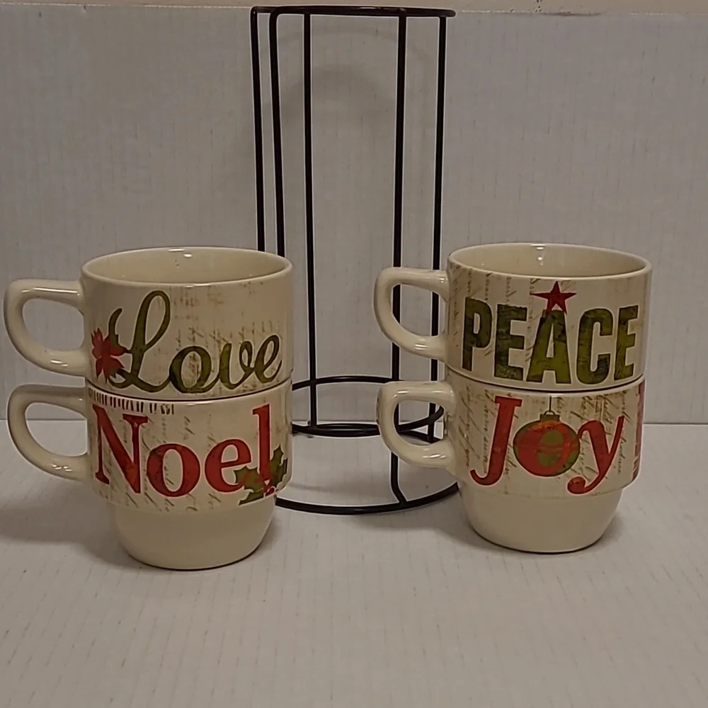 Pier 1 4 Stackable Stoneware Coffee Christmas Mugs w/Rack Love Joy Peace Noel